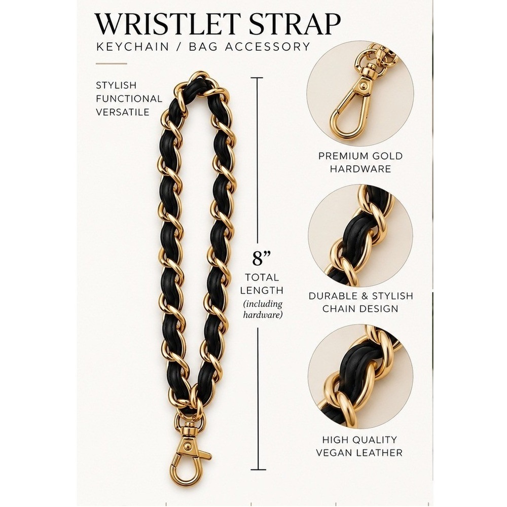 NWOT Wristlet Strap Keychain OS Black Gold Chain Bag Accessory